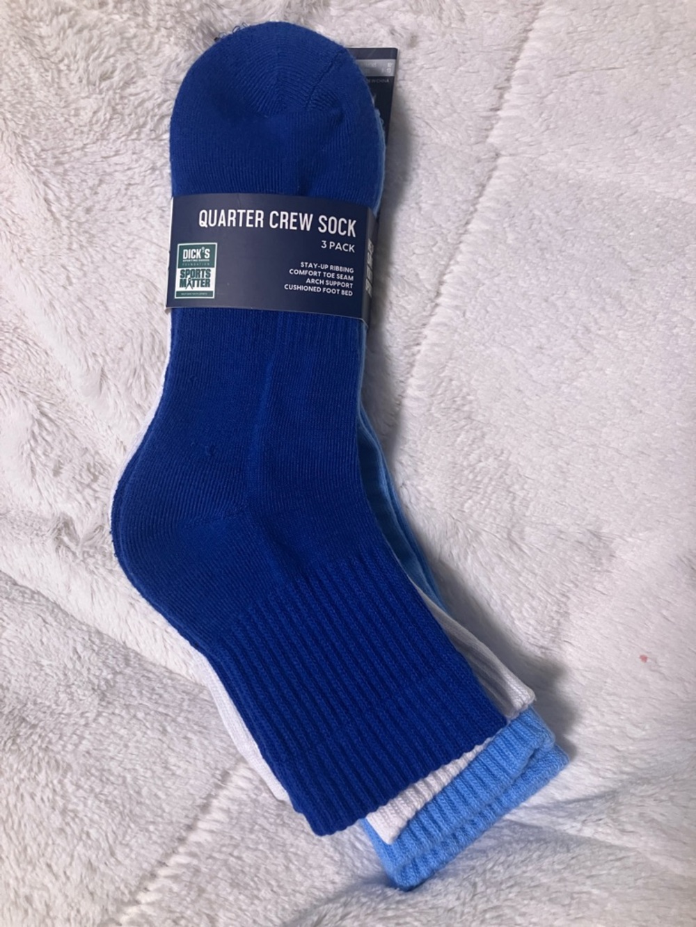 DSG Quarter Crew Athletic Socks 3-Pack - Royal Blue, Light Blue, White